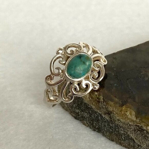 Sterling Silver 925 Cutout Scrollwork Oval Simulated Turquoise Ring Sz 7.25 - Picture 3 of 16